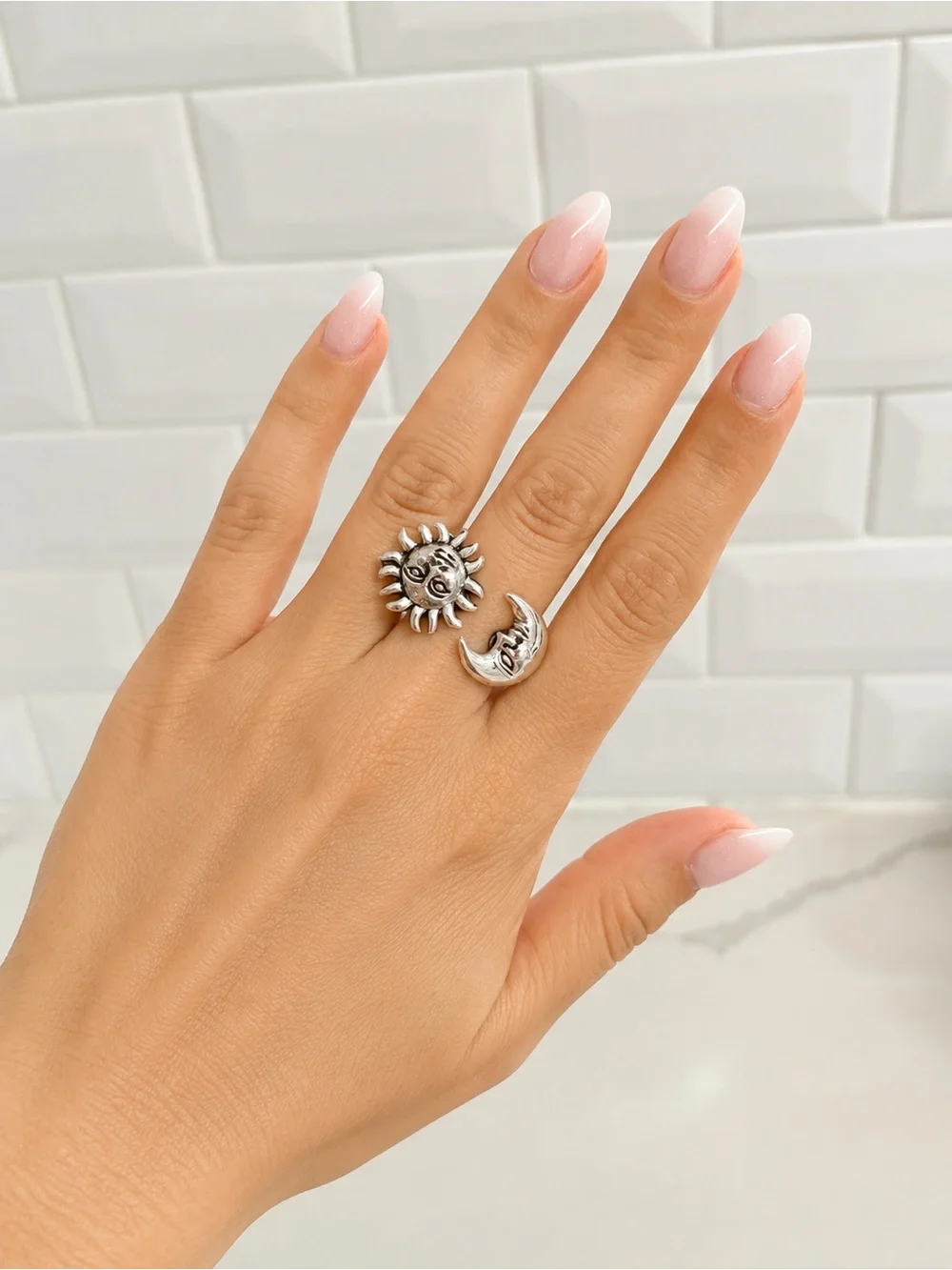 Silver Sun and Moon Adjustable Ring - Women Jewelry